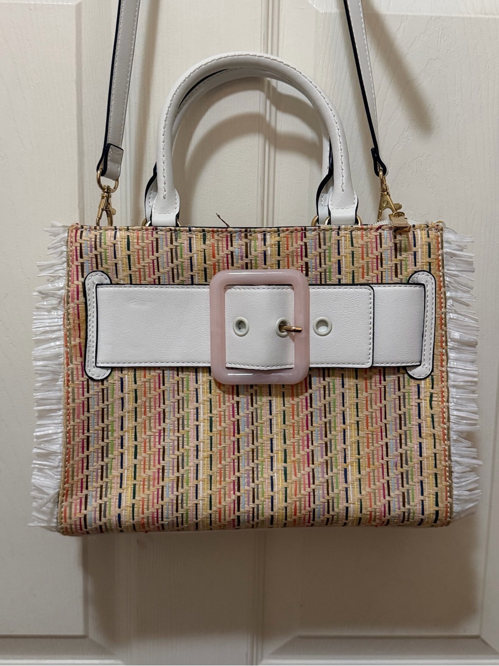 Woven Multicolor Straw Crossbody Bag with White Trim